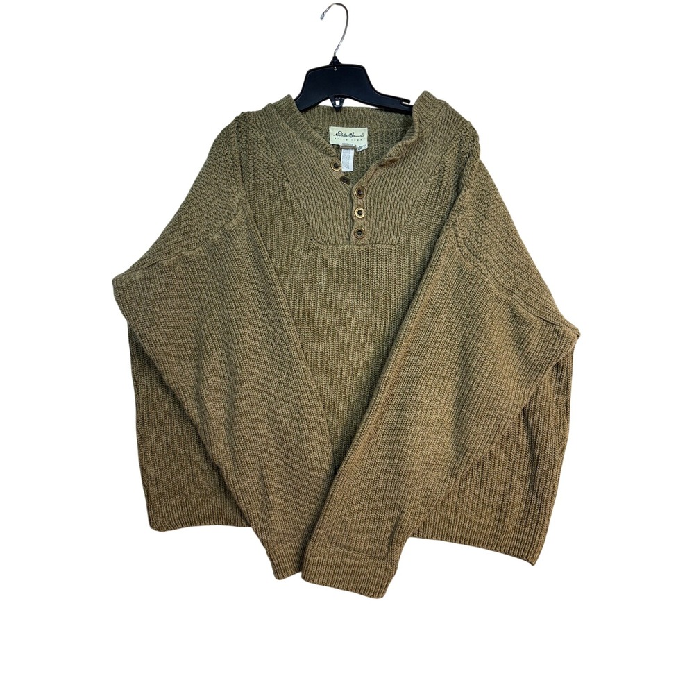 Eddie Bauer Mens Sweater Khaki Brown Knit Pullover Henley Button Neck XL
